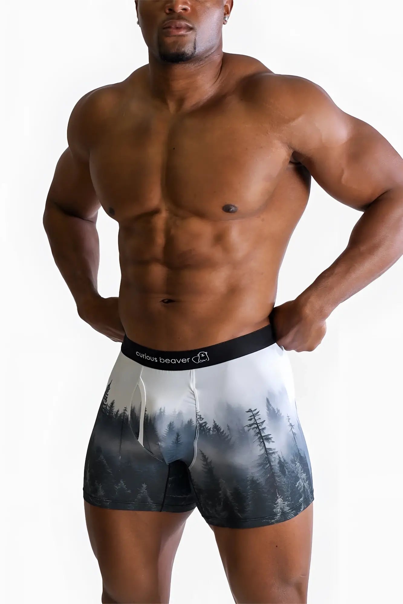 Men’s white boxer briefs with misty forest design in gray and black featuring black curious beaver waistband
