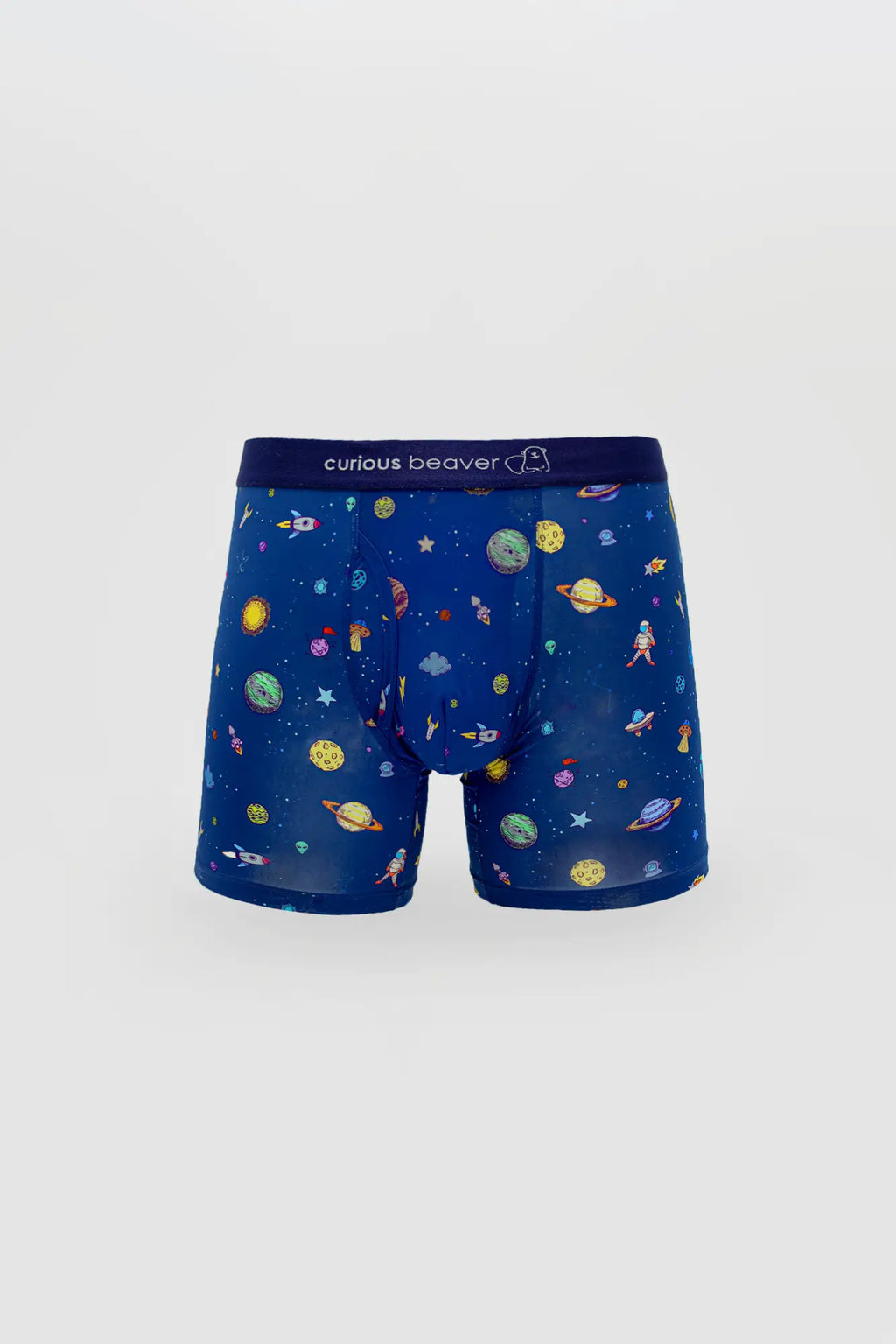 Men’s blue boxer briefs featuring a playful space-themed print with colorful planets stars and astronauts