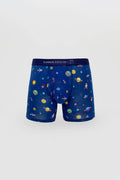 Men’s blue boxer briefs featuring a playful space-themed print with colorful planets stars and astronauts