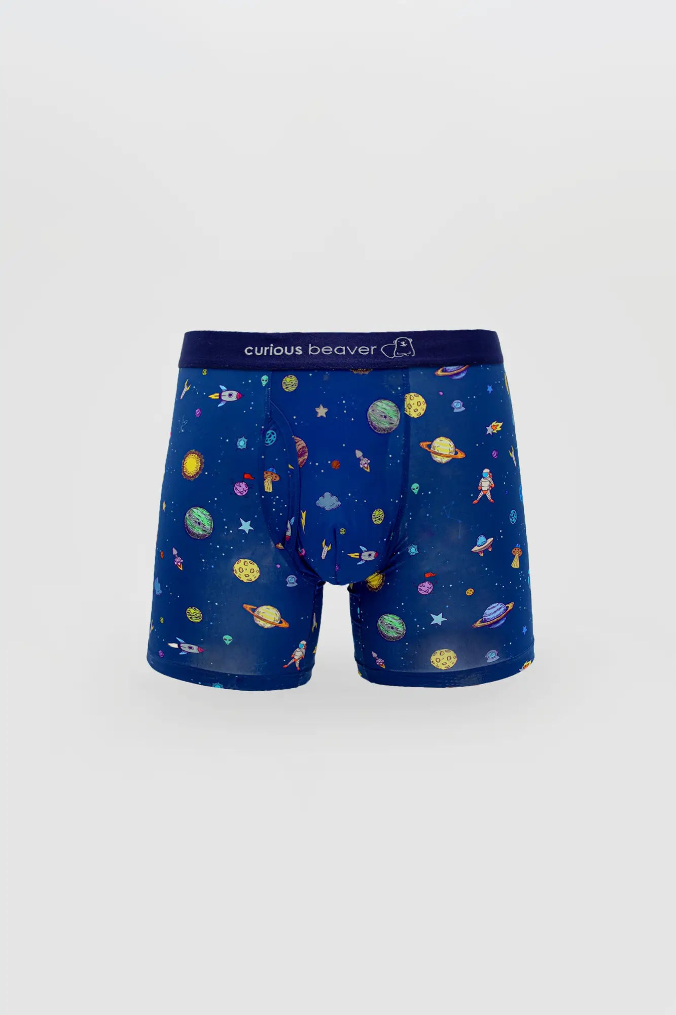 Men’s blue boxer briefs featuring a playful space-themed print with colorful planets stars and astronauts