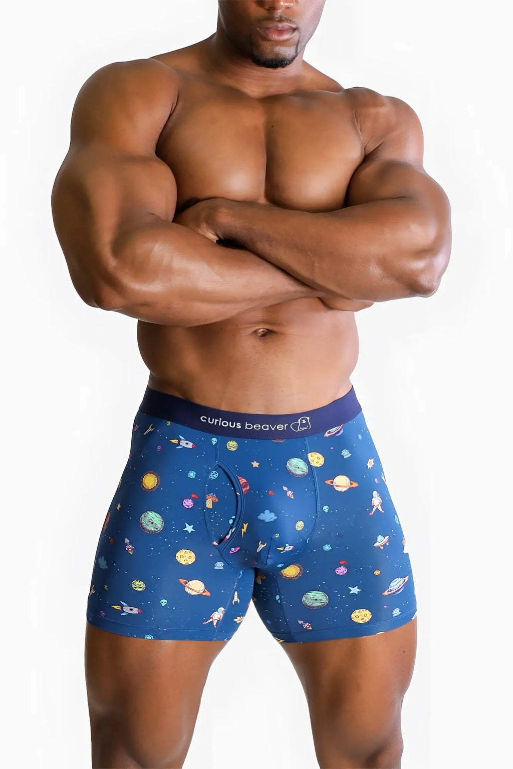 Men’s boxer briefs galaxy in blue with a playful space-themed pattern of planets stars and astronauts on soft fabric