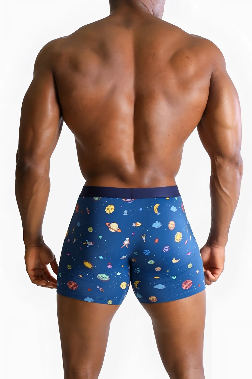 Men’s boxer briefs galaxy in blue with a colorful space-themed pattern of planets moons and stars