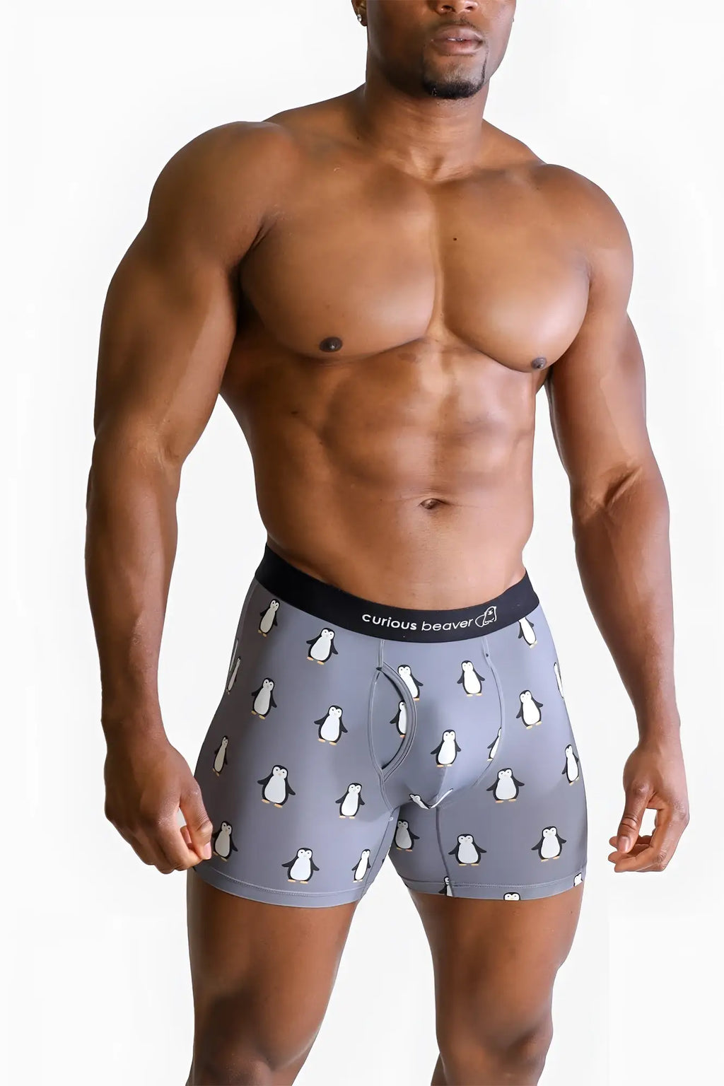 Men’s gray boxer briefs with white penguin pattern and black elastic waistband featuring curious beaver brand name