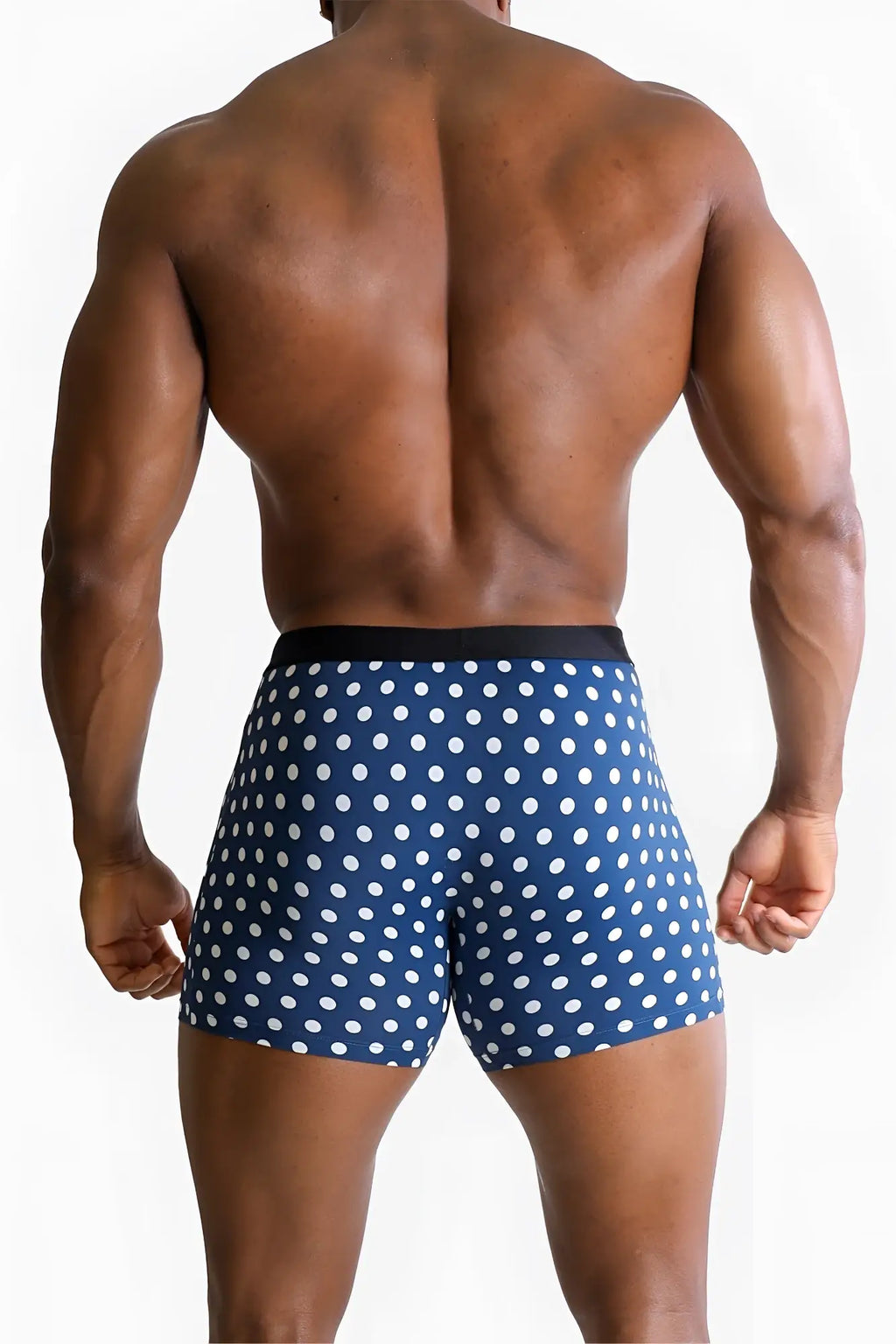 Men’s blue polka-dot boxer briefs with black waistband designed for comfortable everyday wear