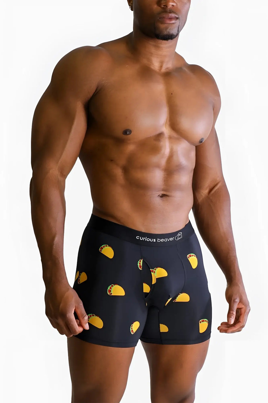 Black men’s boxer briefs with yellow taco pattern and curious beaver waistband logo perfect for everyday wear