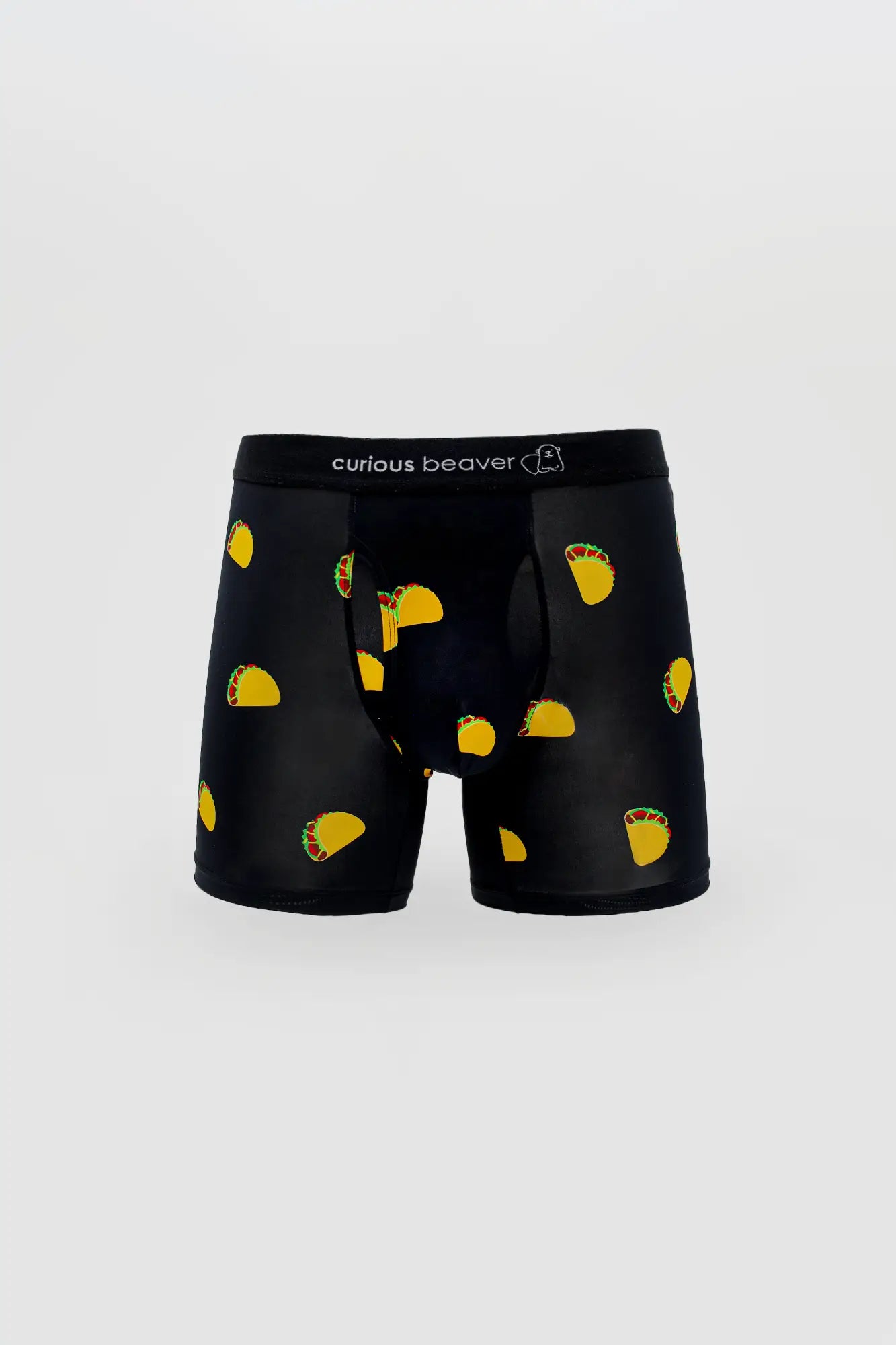 Black men’s boxer briefs with yellow taco pattern and green red accents branded curious beaver on waistband