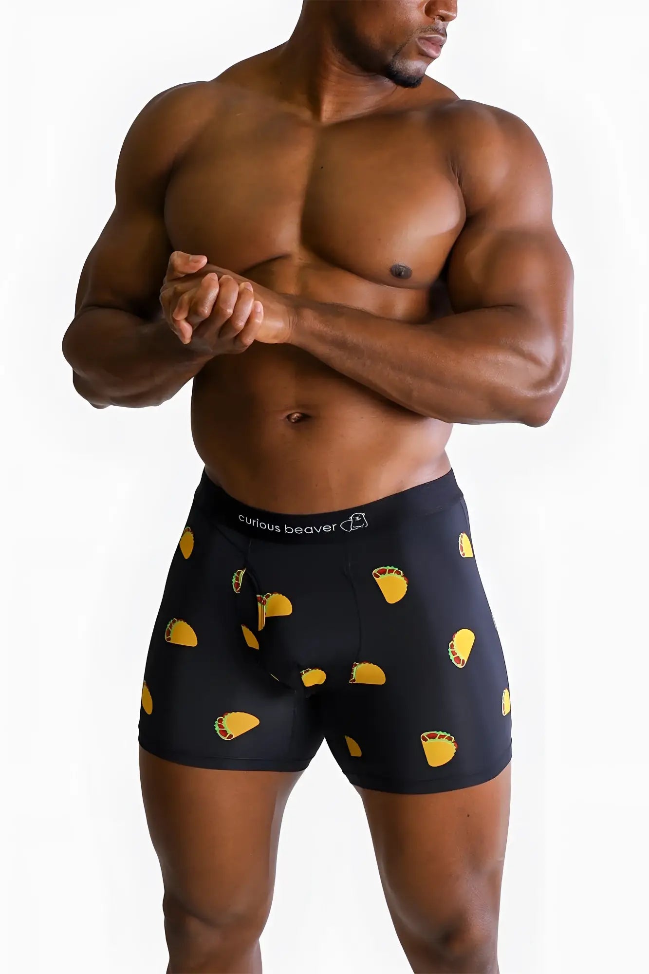 Men’s black boxer briefs with yellow taco pattern and curious beaver branded waistband for playful comfort