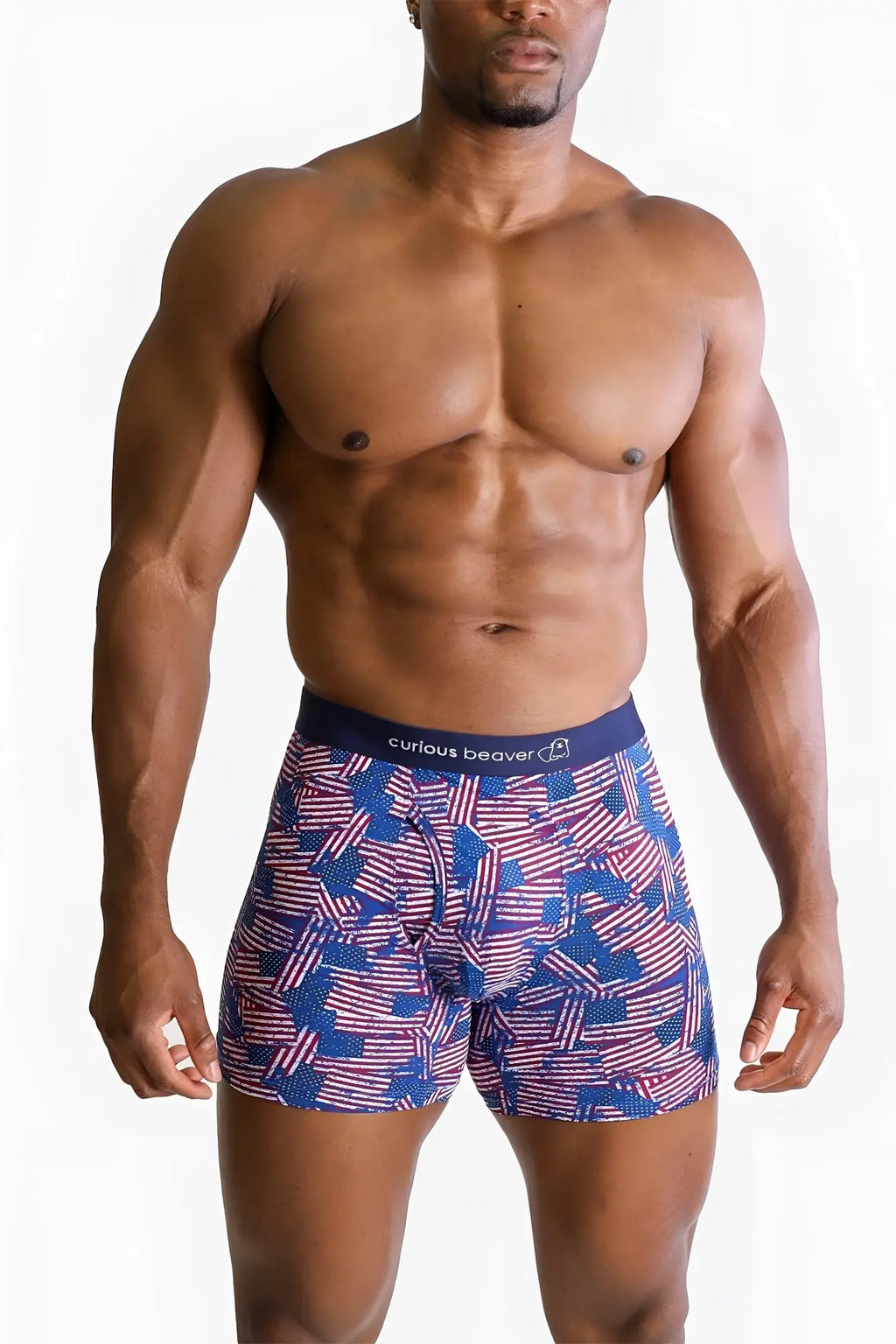 Men’s boxer briefs with blue and red usa flag pattern and curious beaver waistband for patriotic comfort