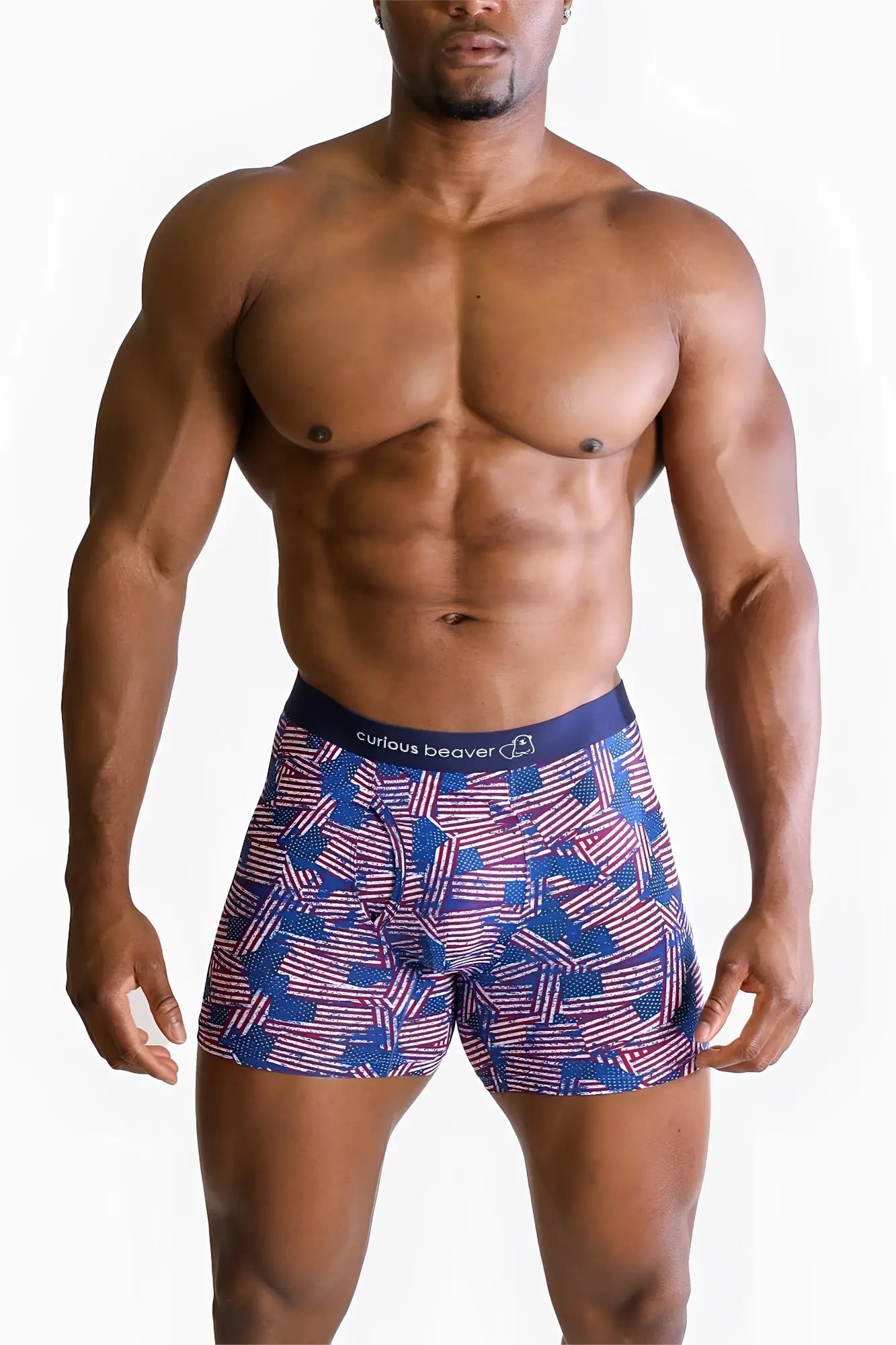 Men’s boxer briefs with blue and red usa flag pattern featuring curious beaver branding on the waistband