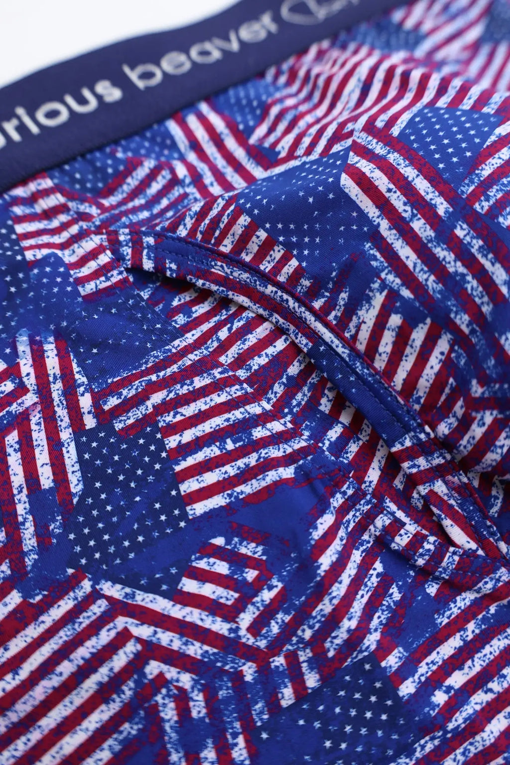 Men’s boxer briefs with blue red and white USA flag pattern and distressed texture for patriotic comfort