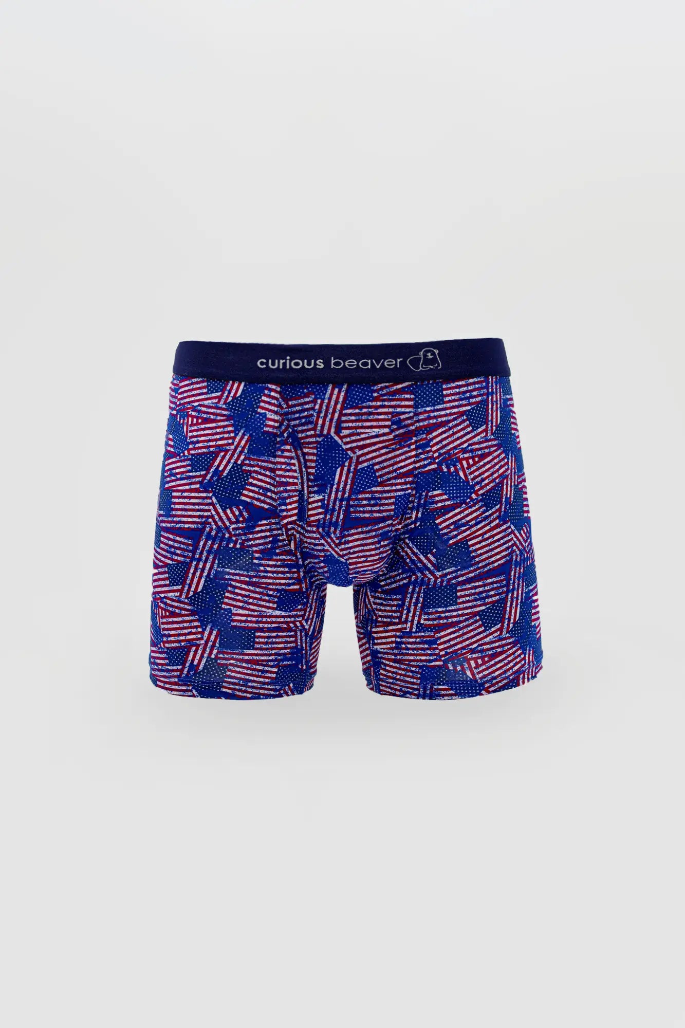 Men’s blue boxer briefs with a vibrant red white and blue usa flag pattern for patriotic wear