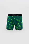Men’s green cannabis leaf-patterned boxer briefs with black waistband branded curious beaver for casual wear