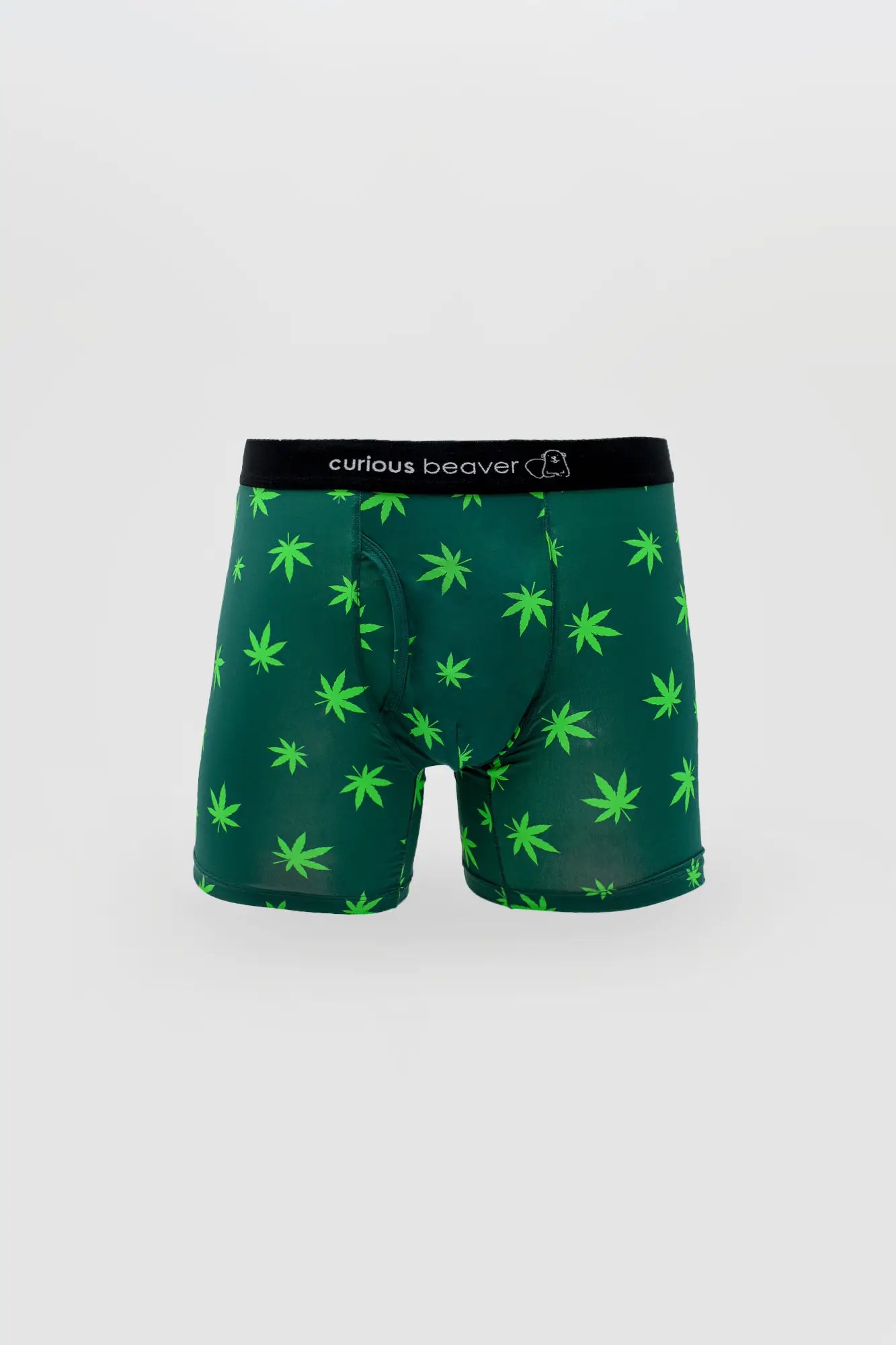 Men’s green cannabis leaf-patterned boxer briefs with black waistband branded curious beaver for casual wear