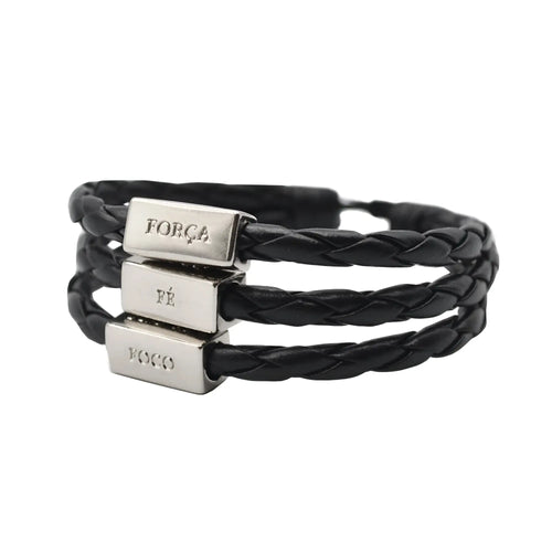 Men’s black braided leather bracelet with three silver plates engraved with força pé voco adjustable unisex jewelry