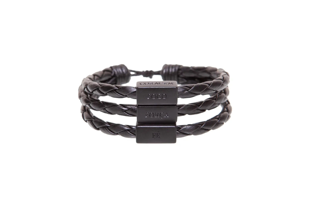 Men’s black braided leather bracelet with three stacked silver plates engraved with coraci and initials adjustable