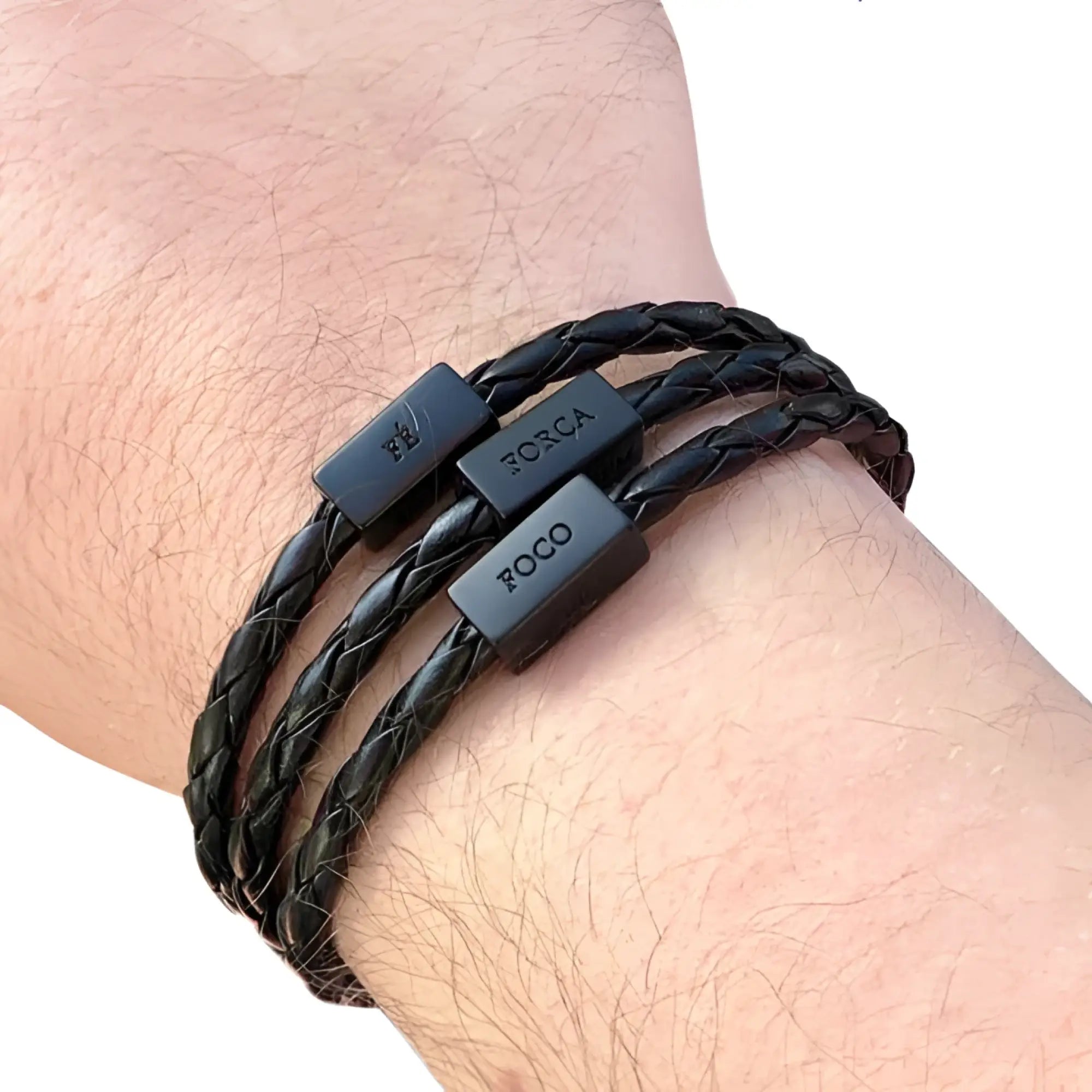 Men’s black braided leather bracelet with three silver magnetic roco clasps engraved with focus strength faith and courage in portuguese