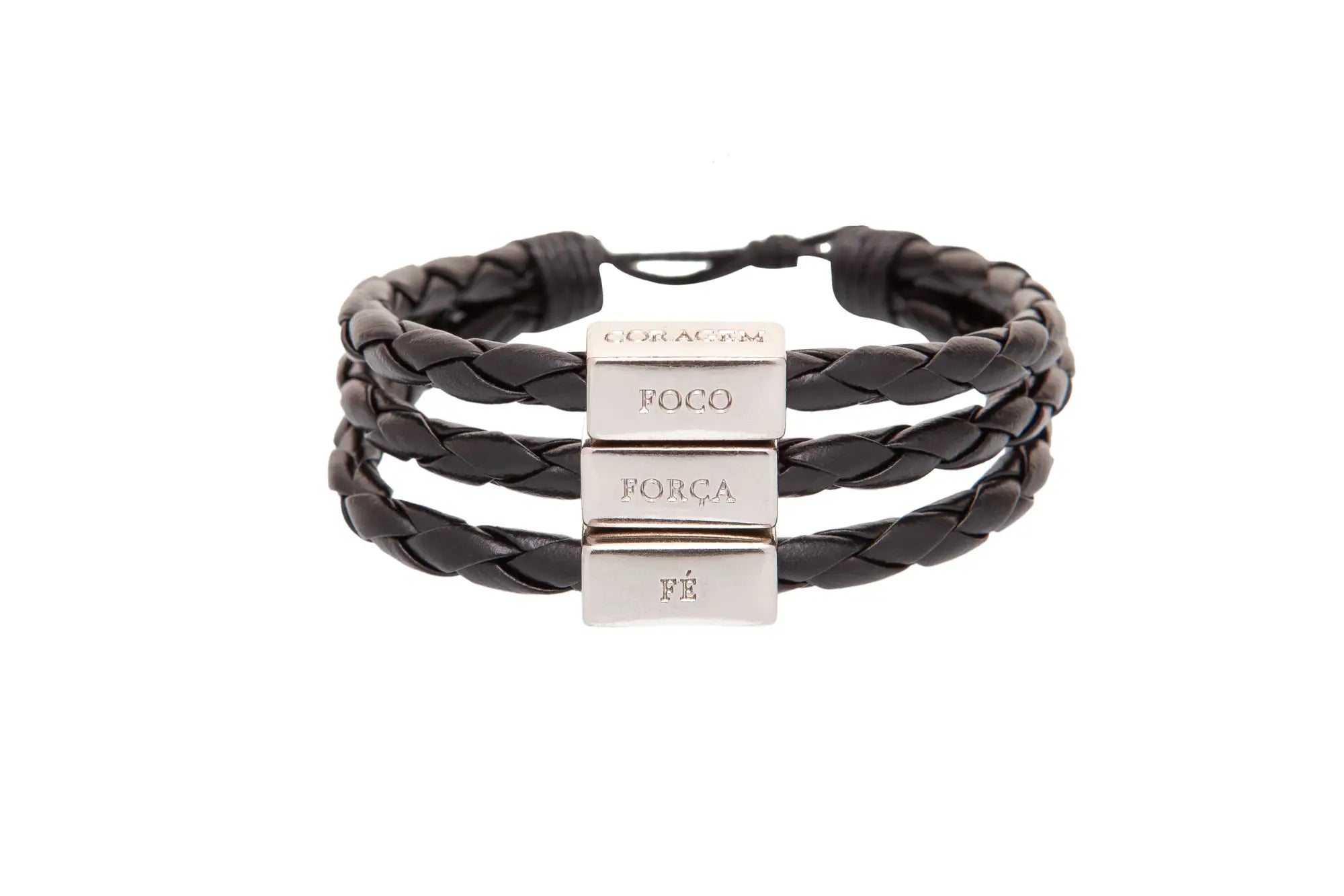 Men’s adjustable black braided leather bracelet with three silver charms engraved with foco força and fé