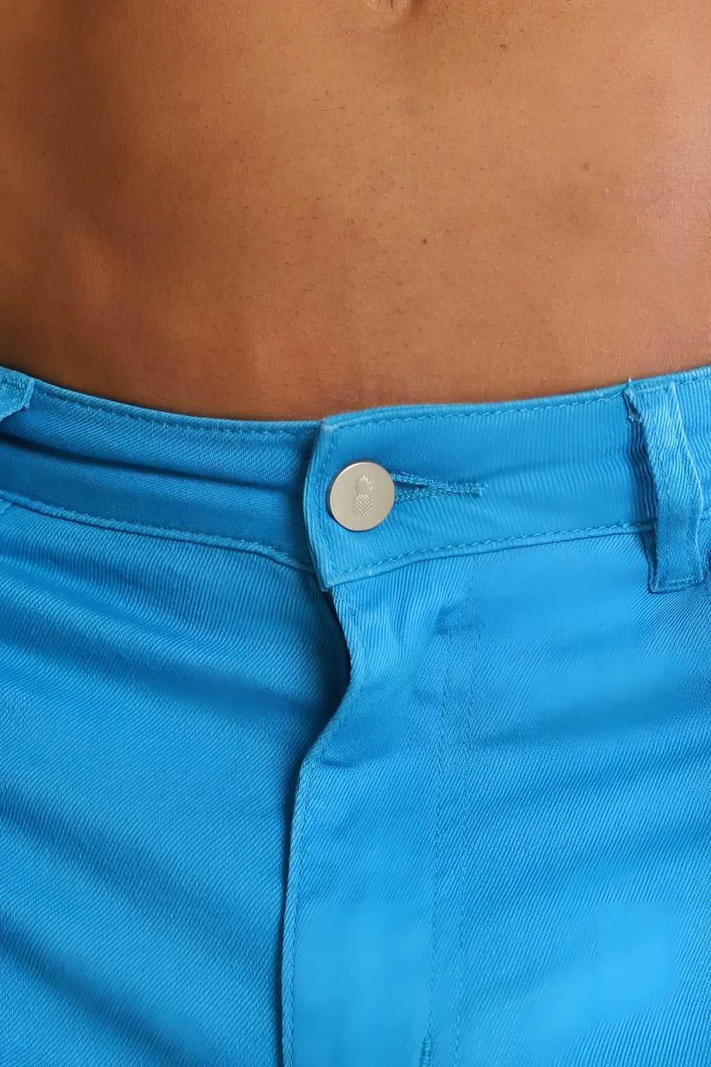 Men’s color pop 3.5 inch denim shorts in cyan blue featuring bright blue denim with a silver button waistband