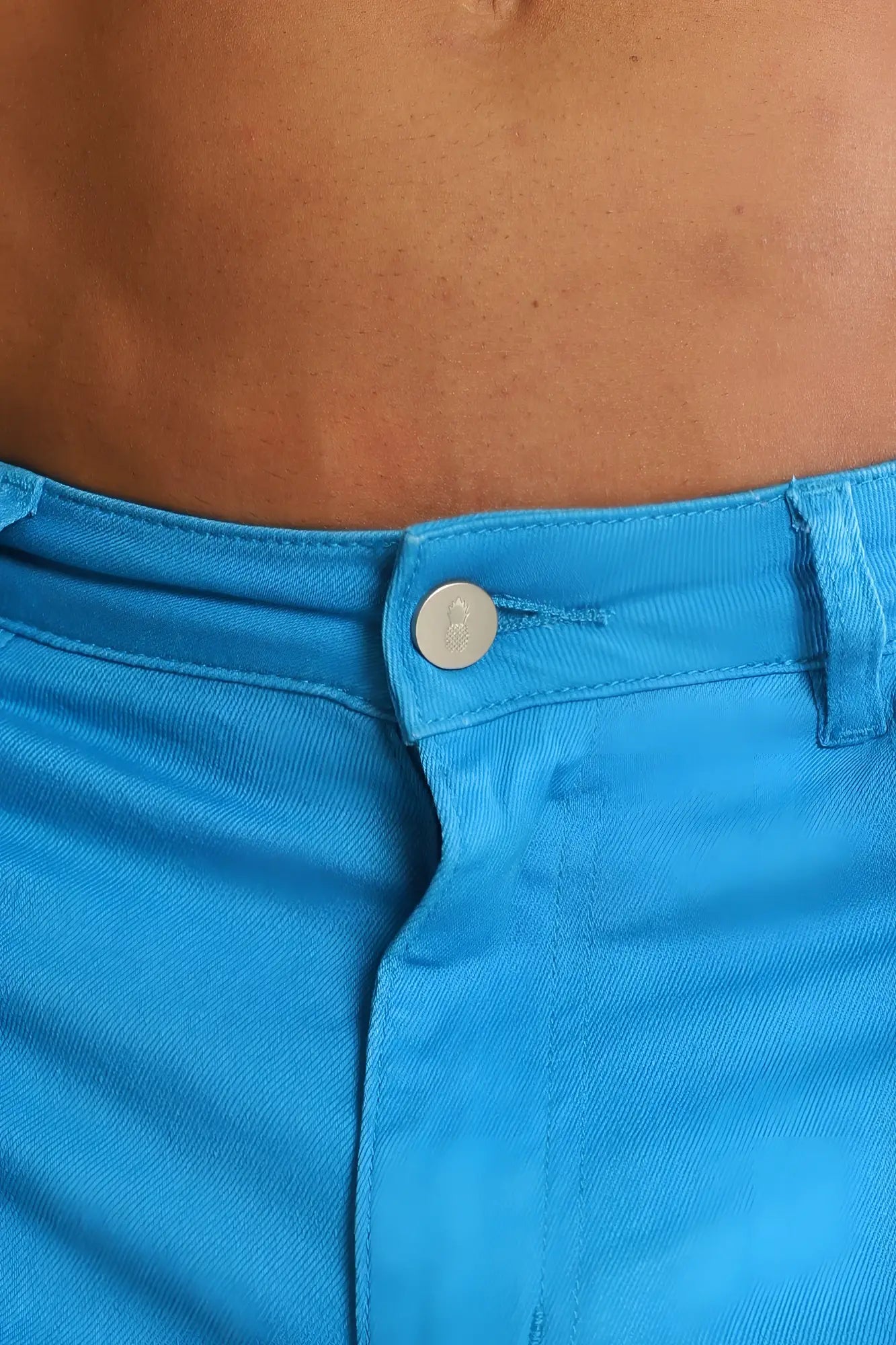 Men’s color pop 3.5 inch denim shorts in cyan blue featuring bright blue denim with a silver button waistband