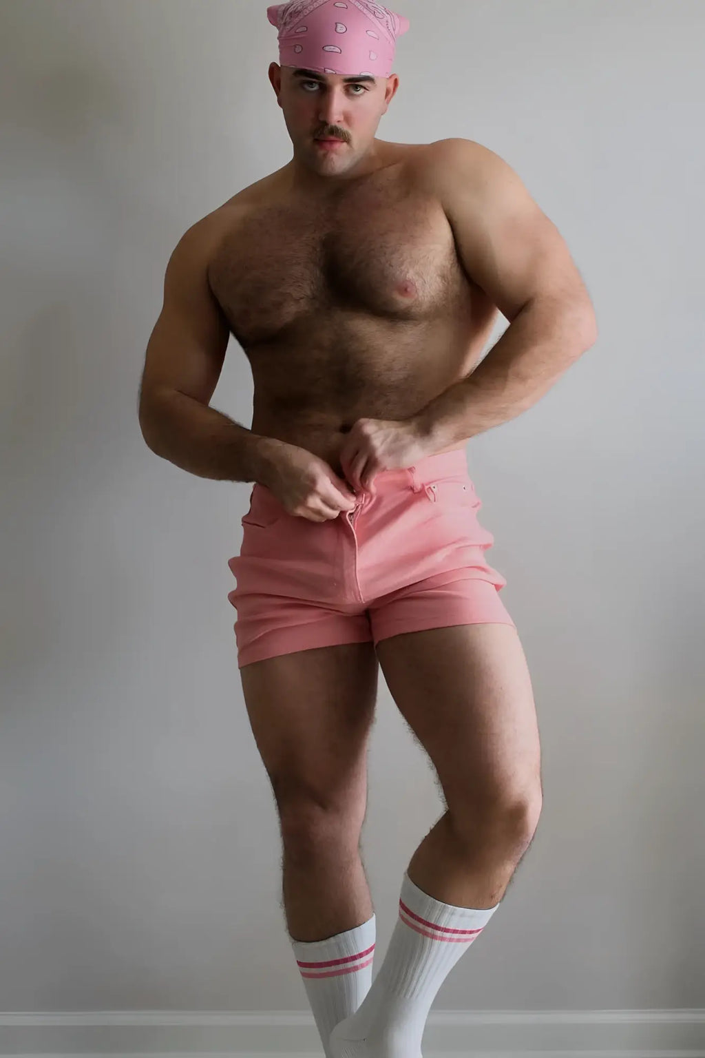 Men’s color pop 3.5 inch hot pink denim shorts with drawstring waistband and subtle stitching details