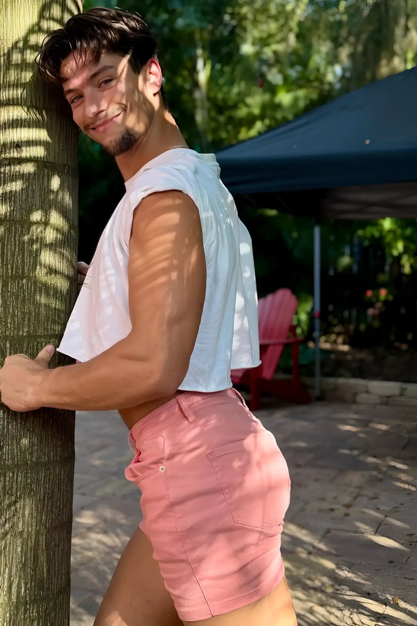 Men’s color pop 3.5 inch hot pink denim shorts with relaxed fit and visible stitching details