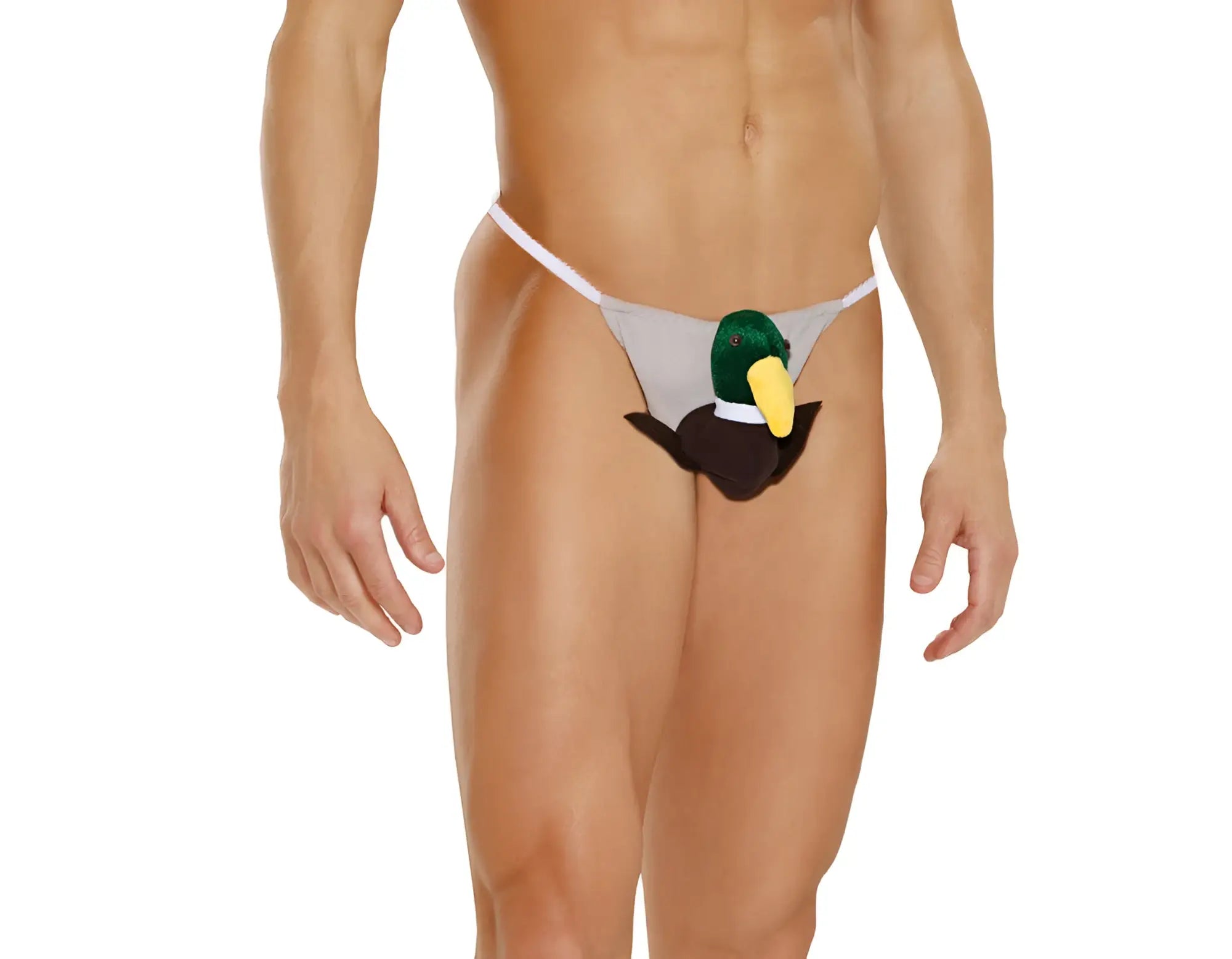 Men’s duck pouch novelty thong in gray and green with white elastic waistband featuring a duck design