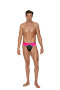 Men’s elastic thong athletic briefs in bright pink and black with a bold geometric design