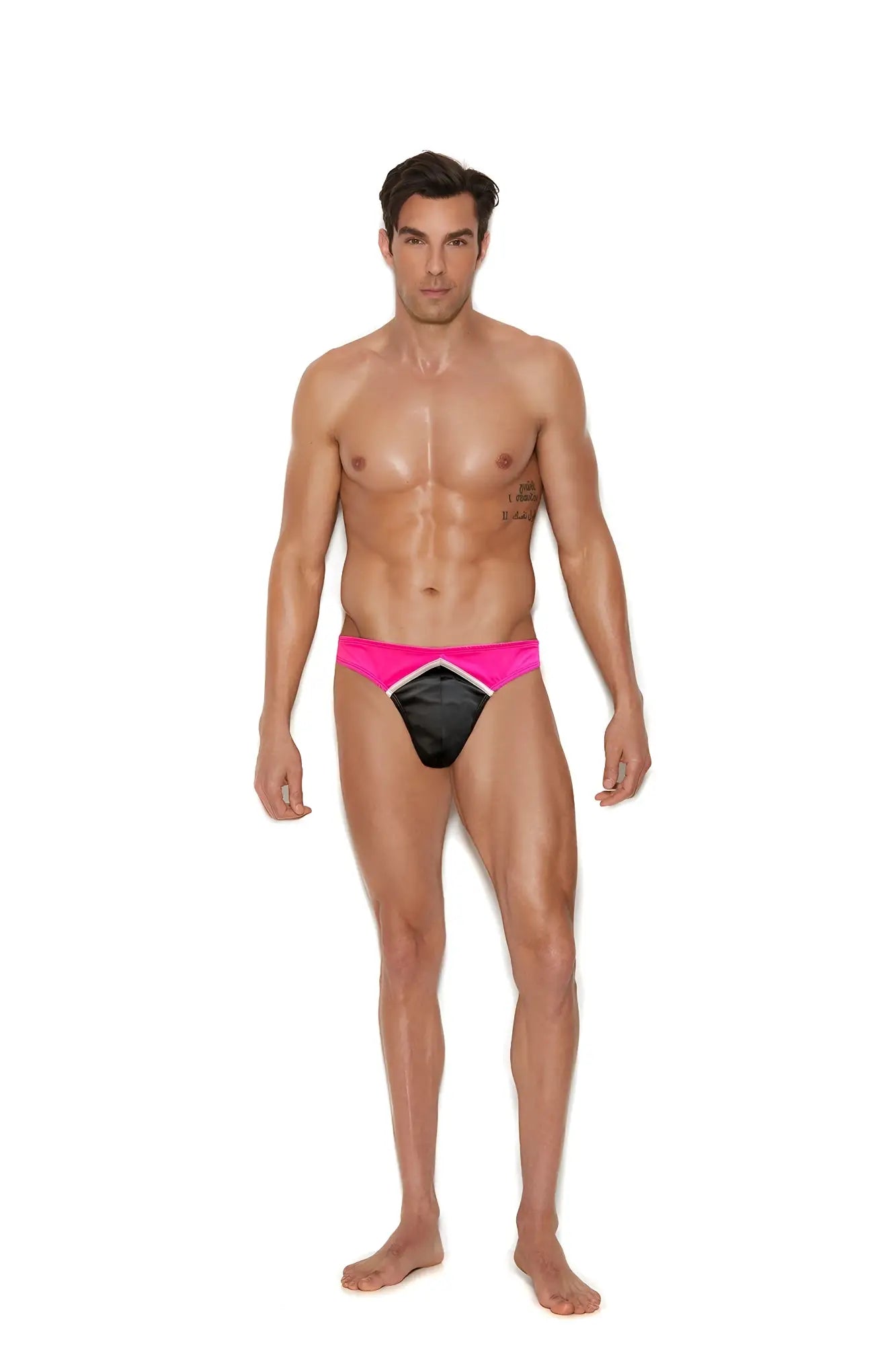 Men’s elastic thong athletic briefs in bright pink and black with a bold geometric design