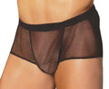 Men’s fishnet boxer briefs in black mesh with a solid black waistband shown from the front side