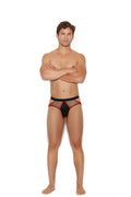 Men’s black and red mesh briefs with bold stylish design featuring fishnet and elastic jock strap details