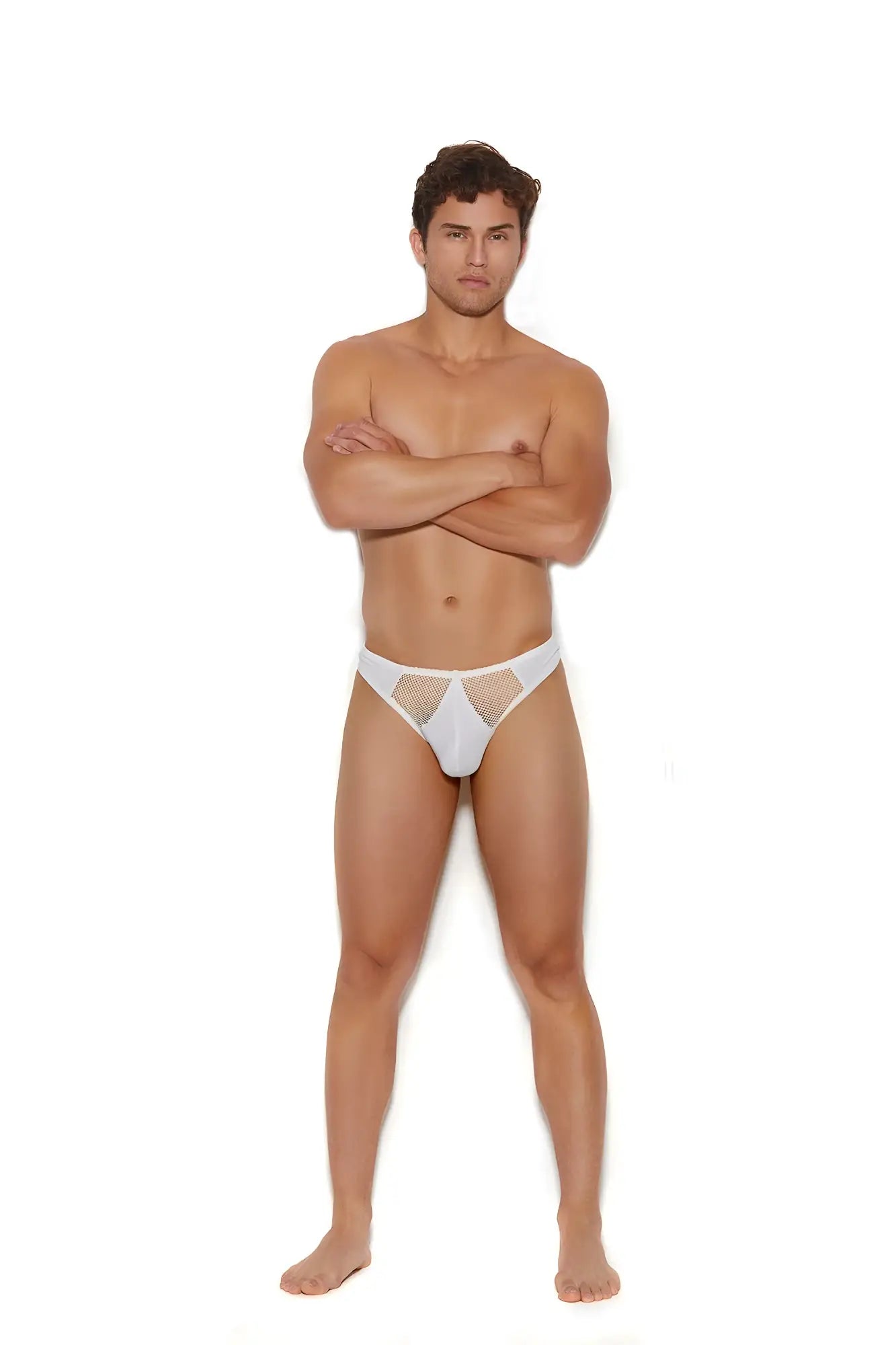 Men’s fishnet and elastic thong in white mesh with a sleek form-fitting design shown from the back side