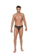 Men’s black fishnet thong back brief with diamond-patterned mesh design shown from the back side