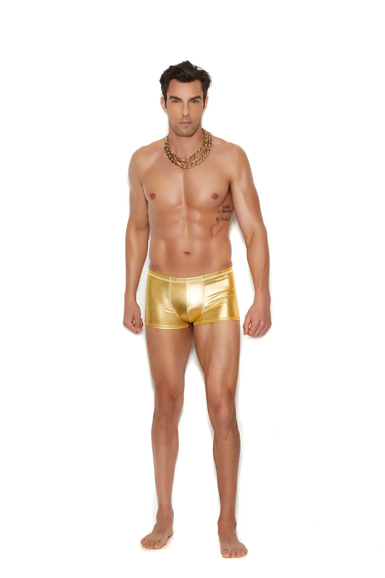 Men’s gold lame boxer brief shiny metallic fabric with a sleek form-fitting design for stylish comfort
