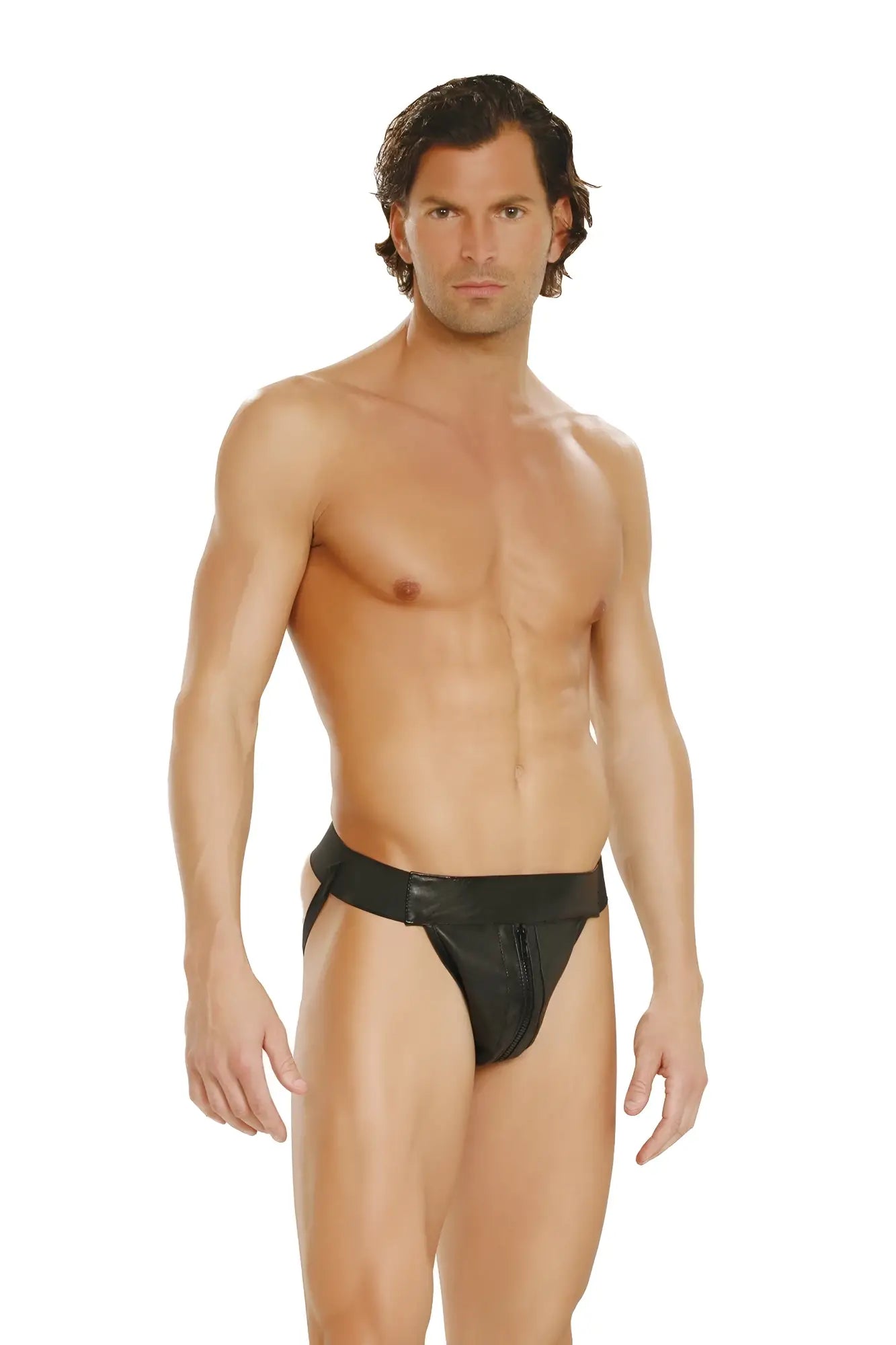 Men’s black leather jock strap briefs with a front zipper designed for secure and stylish support