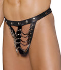 Men’s black leather thong pouch with silver-toned chains and studs designed for secure carry and style