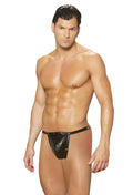 Men’s black leather thong with metallic grommets and narrow waistband from the leather pouch with nail hea collection
