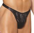 Men’s leather thong in black shiny faux leather with gathered waistband and subtle vertical seam detail