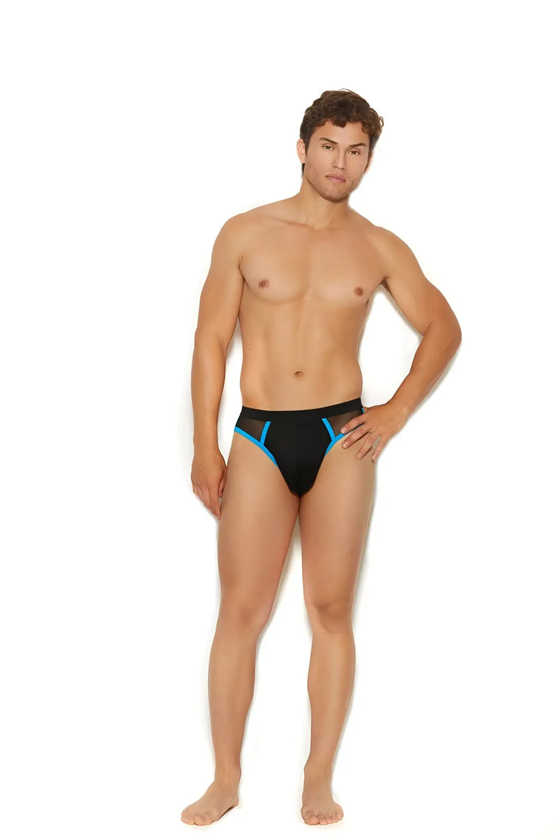 Mens mesh and elastic jock strap in black with blue mesh trim showing front detail