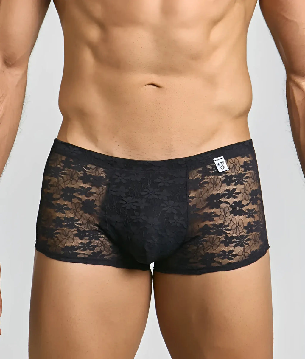 Men’s black mesh lace pouch trunk briefs with floral lace pattern and solid fabric panel for comfortable support