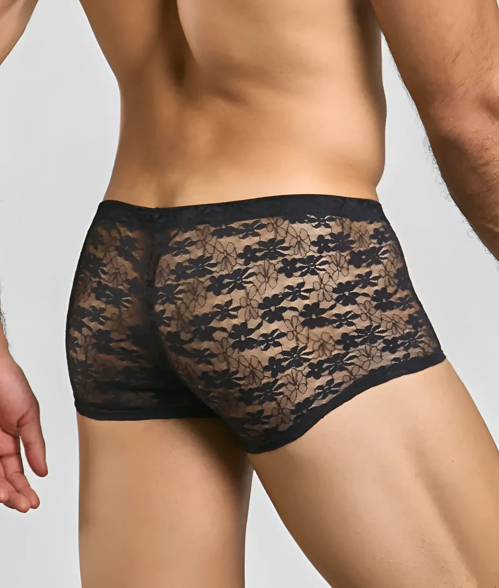 Black men’s mesh lace pouch trunk briefs with floral sheer patterned design and solid black waistband