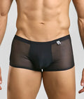 Men’s mesh lace pouch trunk in black sheer mesh with solid waistband and small white brand tag visible