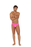 Men’s mesh print bright pink briefs with lace trim made from breathable mesh fabric for comfortable wear