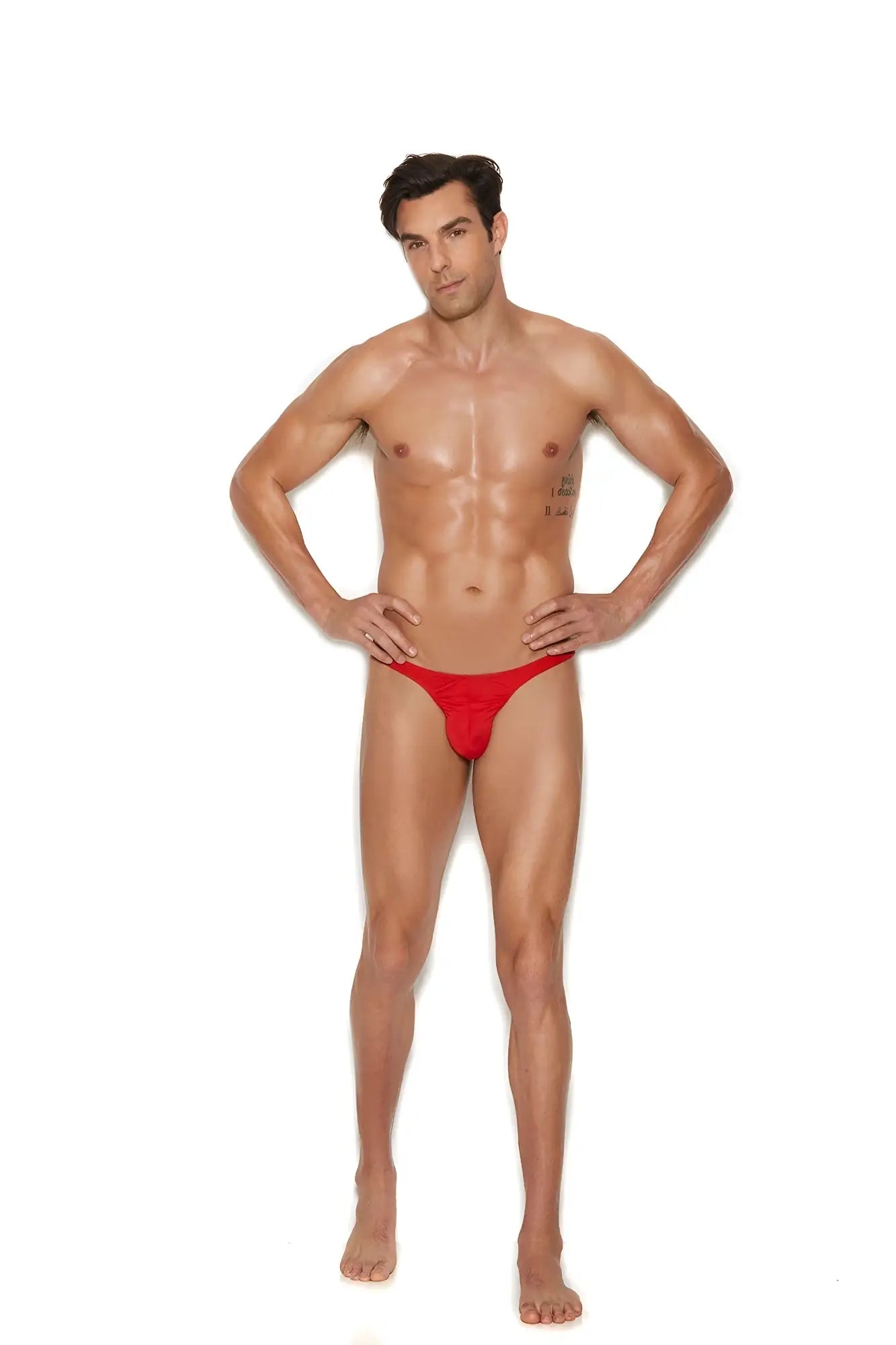 A vibrant red men’s micro mini thong with a smooth fabric finish and form-fitting design