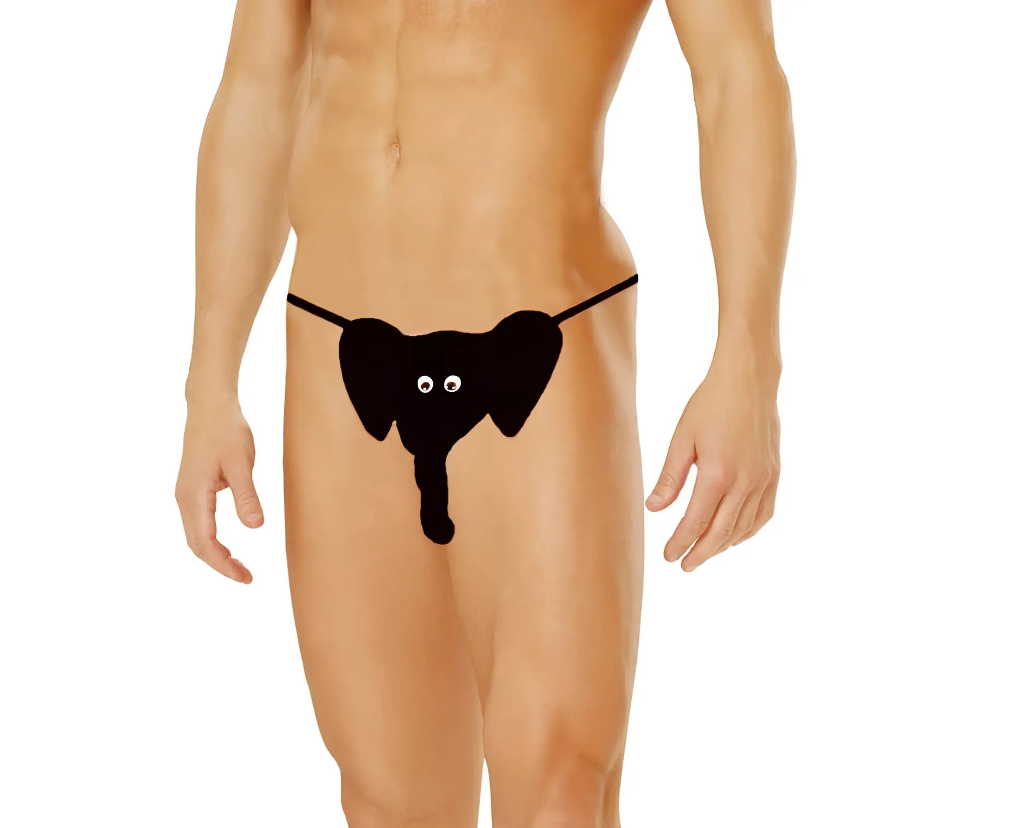 Men’s Mr Peanuts pouch black elephant-themed thong with white eyes and trunk detail designed for comfort and style