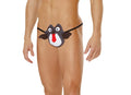 Men’s owl pouch black and white penguin-themed jockstrap with red tie detail front view