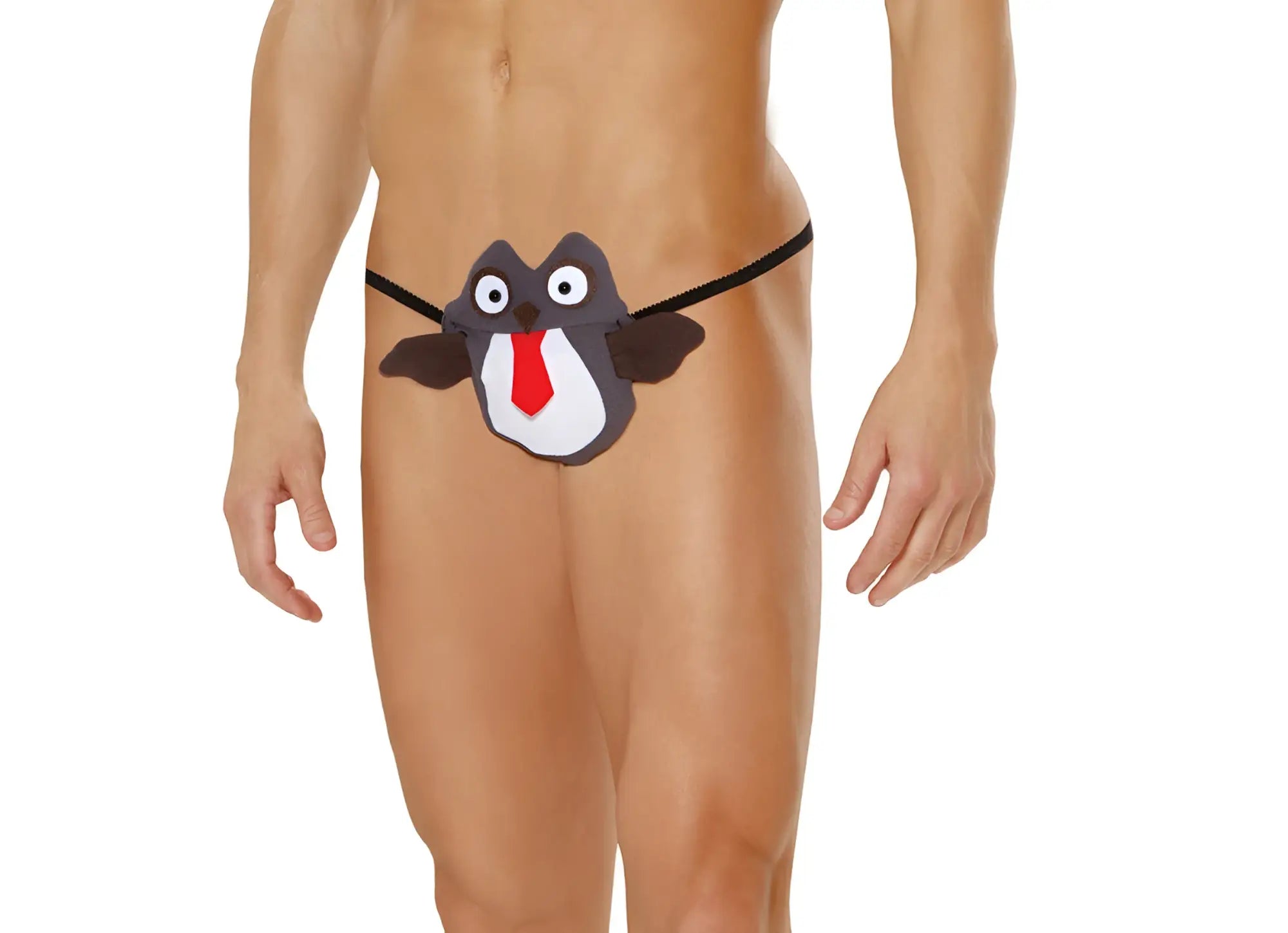 Men’s owl pouch black and white penguin-themed jockstrap with red tie detail front view