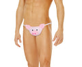 Men’s pig pouch pink plush pig-themed thong with black eyes snout and thin white elastic straps