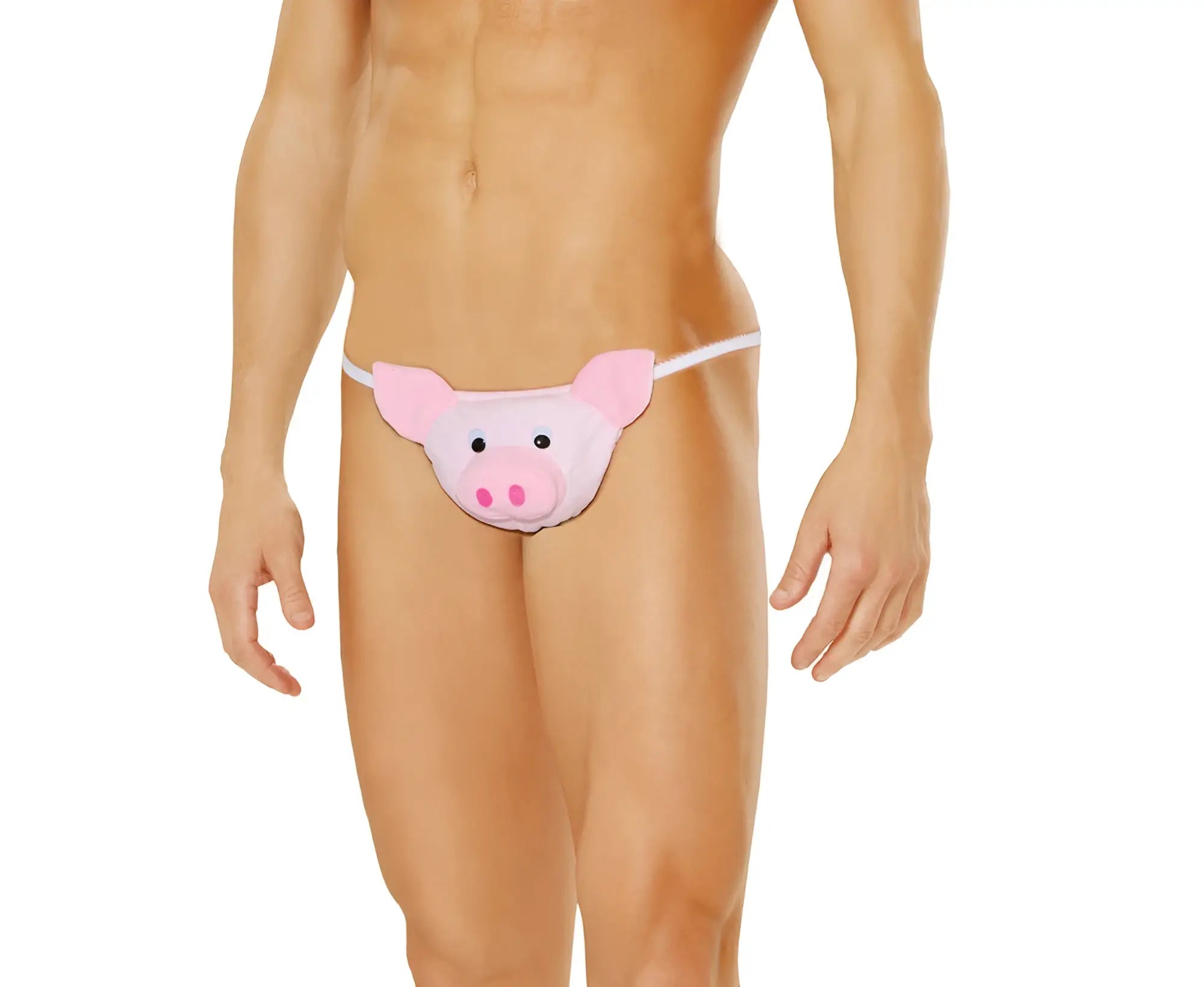Men’s pig pouch pink plush pig-themed thong with black eyes snout and thin white elastic straps