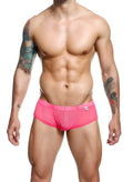 Men’s sheer hip brief bright pink mesh swim trunks with snug fit and small logo on waistband
