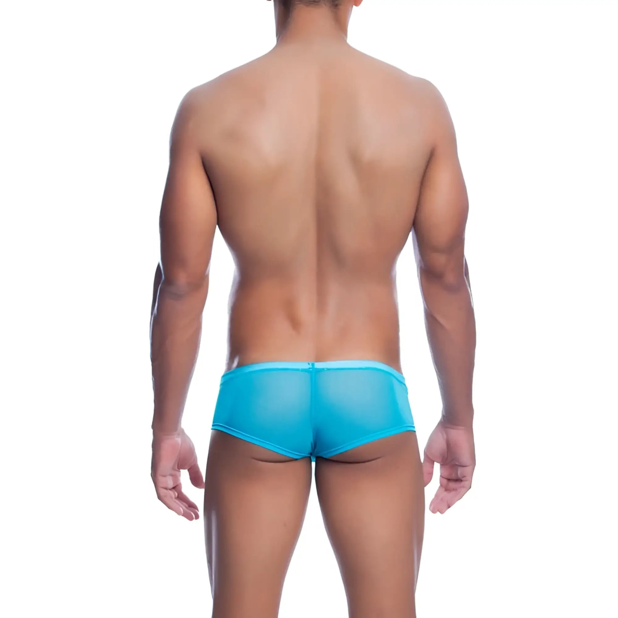 Men’s sheer hip brief in bright turquoise made of lightweight sheer fabric for breathable comfort